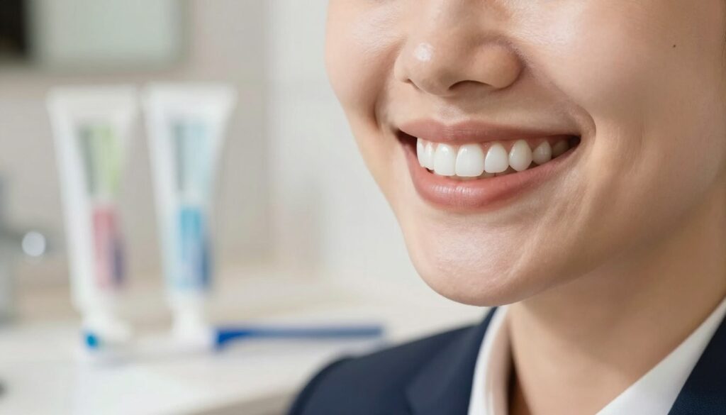 A close-up image of a bright, white smile showcasing perfectly whitened teeth, positioned in the foreground. The background features a soft focus of dental care items such as a toothbrush and tube of whitening toothpaste arranged neatly on a bathroom countertop. The lighting is warm and inviting, creating a fresh and clean atmosphere. Use a soft, diffused focus for a gentle look, enhancing the brightness of the teeth while keeping the surrounding dental tools in a subtle bokeh effect. The subject can be a smiling person in professional business attire, reflecting confidence and health, conveying a sense of fresh dental hygiene. The overall mood should be one of positivity and cleanliness, emphasizing dental care after whitening procedures.