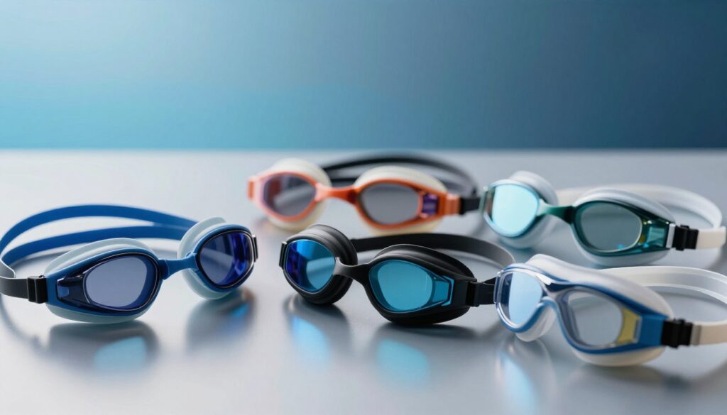 A close-up image of various types of swimming goggles displayed on a sleek, reflective surface. In the foreground, showcase a range of goggles differing in color and design: some with dark tinted lenses for outdoor use, others clear for indoor swimming, and a few featuring mirrored coatings for enhanced visibility. In the middle ground, include a subtle gradient backdrop that transitions from light blue to dark blue, evoking the sense of water. Soft, diffused lighting should illuminate the goggles, highlighting their features and textures, such as adjustable straps and ergonomic shapes. Create a serene, professional atmosphere, suggesting functionality and choice, appealing to swimmers of all levels. No text or identifying marks present.