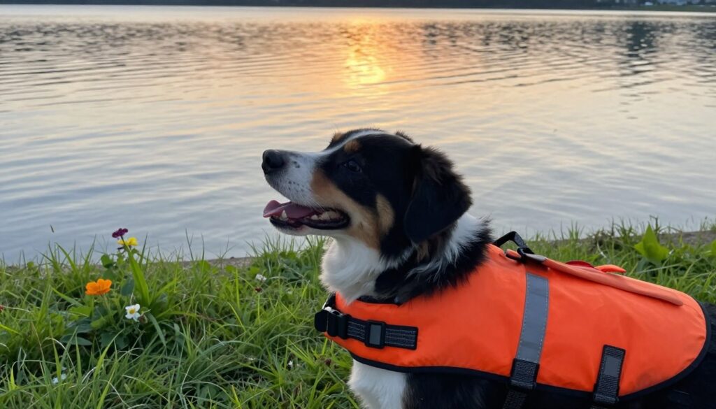 A close-up of a dog wearing a bright orange life jacket, designed specifically for canines, engaged in playful interaction near a calm lake. The focus is on the dog's expressive face and the details of the life jacket, which features reflective stripes and safety buckles. In the background, gentle ripples on the water surface reflect the soft glow of a setting sun, casting warm golden light across the scene. Lush green grass frames the foreground, with a few vibrant flowers adding color. The mood is cheerful and safe, emphasizing the importance of water safety for pets. The composition should be shot from a slightly elevated angle to capture both the dog and the serene lake environment.