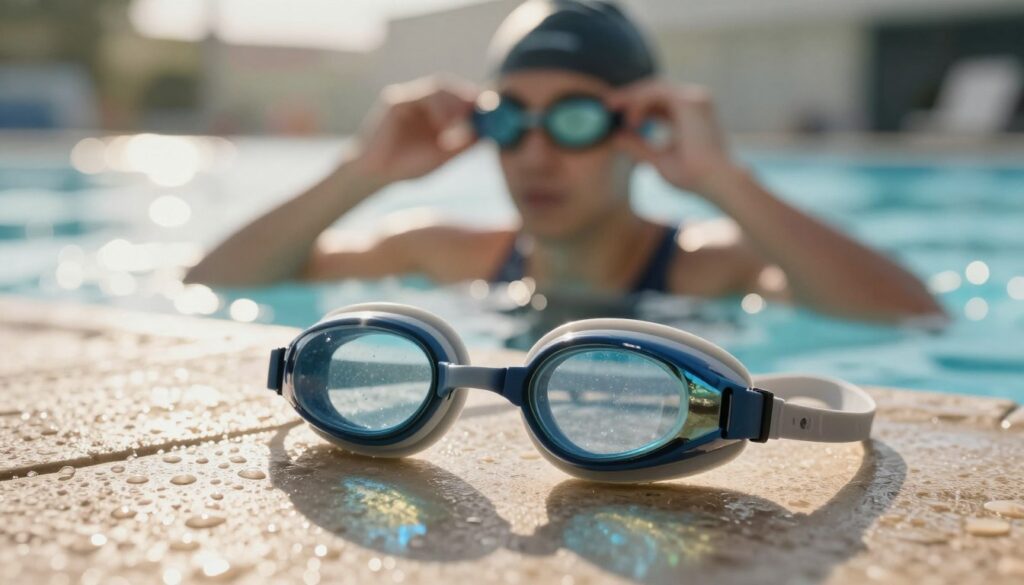 A close-up view of a pair of swimming goggles lying on a wet surface, surrounded by small droplets that emphasize the concept of fogging. The foreground features the goggles with their anti-fog coating shimmering subtly. In the middle ground, a swimmer in a modest swimsuit is seen adjusting the goggles on their face, demonstrating care and attention to fog prevention. The background is softly blurred, showing calm water and a swimming pool setting, enhancing a serene atmosphere. The lighting is warm and inviting, capturing the essence of a sunny day at the pool, while the angle gives a slightly elevated perspective, focusing on the goggles and the importance of fog management.