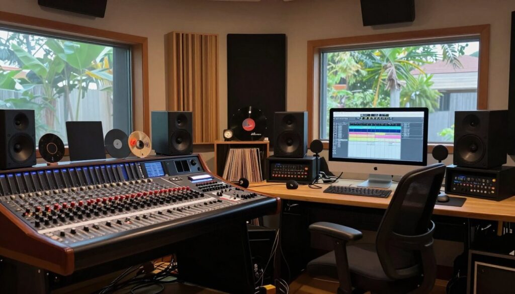 A cozy and inspiring home recording studio filled with professional equipment. In the foreground, a sleek desk with mixing consoles, microphones, and a computer screen displaying music software. Soft, warm lighting illuminates the space, creating a welcoming atmosphere. In the middle, shelves lined with vinyl records and music memorabilia add character, while a comfortable chair sits invitingly next to the desk. The background features soundproofing panels on the walls, and a large window letting in natural light, showcasing greenery outside. The overall mood is creative and productive, suggesting it's a personal haven for music-making, reflecting the essence of an artist at work in their private sanctuary.
