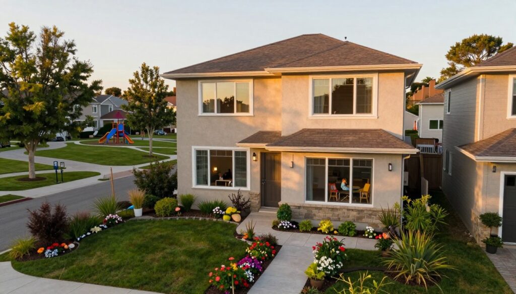 A cozy, modern residential area showcasing a welcoming house with a well-manicured garden. In the foreground, a small path leads to the home's front door, framed by colorful flowers and green plants. The middle ground features a charming two-story house with large windows reflecting soft afternoon sunlight, hinting at a family-friendly atmosphere. In the background, a serene neighborhood park with trees and playgrounds is visible, bathed in warm golden hues. The image captures a peaceful suburban vibe, ideal for illustrating a private residence. The angle is slightly elevated, providing a wide view, reminiscent of a community-oriented environment, radiating tranquility and comfort.