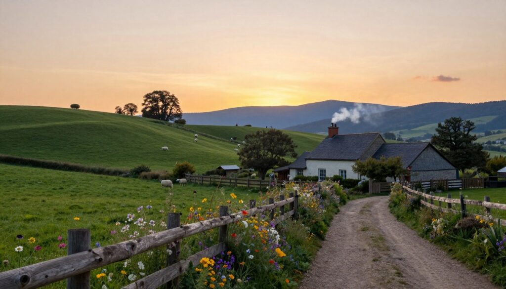 A picturesque rural scene depicting a tranquil village landscape at sunset. In the foreground, a wooden fence lined with vibrant wildflowers, offering a glimpse of a dirt path leading to a modest, charming cottage with smoke wafting gently from the chimney. The middle ground features rolling green hills dotted with grazing sheep under a soft, pastel sky transitioning from yellow to orange hues. In the background, a few tall trees and distant mountains create depth and a sense of serenity. The mood is peaceful and idyllic, capturing the essence of rural life. Natural lighting casts a warm glow across the scene, emphasizing the simplicity and beauty of the countryside, shot from a low angle to enhance the inviting atmosphere.