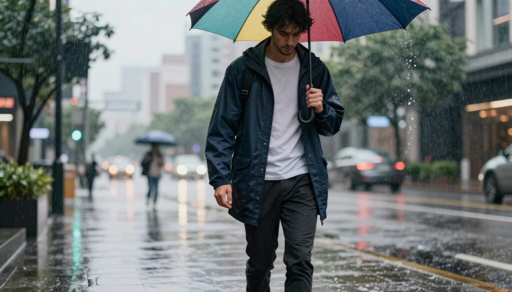 A polished outdoor scene depicting a stylish individual dressed in a fashionable, water-resistant outfit, walking confidently in the rain. The foreground features vibrant raindrops splashing against a colorful umbrella, showcasing the durability of rain gear. In the middle ground, the individual navigates a modern urban environment, with reflections of city lights glistening on slick pavements. The background contains blurred silhouettes of buildings and greenery, enhancing the rainy atmosphere. The soft, diffused lighting from the overcast sky lends a cozy yet dynamic mood. Capture this moment from a slightly low angle to emphasize the rain falling around the figure, creating a sense of depth and immersion. The overall composition should emphasize the theme of being prepared for inclement weather while maintaining a stylish appearance.