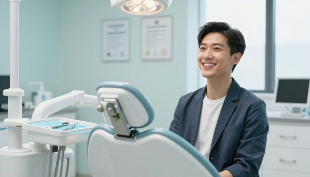 A serene and well-lit dental clinic setting showcasing the aftermath of a teeth whitening procedure 48 hours later. In the foreground, a porcelain white dental chair with a soft, bright color scheme, featuring an open tray with dental tools. In the middle, a smiling individual in smart casual attire, displaying their newly whitened teeth, looking confident and pleased. Their mouth slightly open in a gentle smile, highlighting the healthiness of their teeth. The background features tasteful dental certificates and calming blue-green hues, with soft, natural lighting coming from a large window, creating an inviting and professional atmosphere. The composition conveys a sense of freshness and care, emphasizing the importance of post-treatment dietary considerations in a dental context.