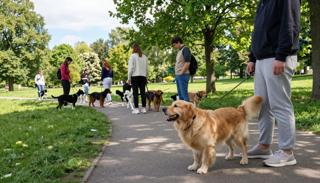 A serene dog park scene depicting a joyful dog enthusiastically engaging in "węszenie," or sniffing behavior, in the foreground. The dog, a golden retriever, is with its owner, a person dressed in comfortable but professional casual clothing, standing attentively nearby. In the middle ground, a diverse group of dog owners and their dogs are scattered along a winding path, showcasing various breeds at different stages of the sniffing process. The background features a lush green landscape with trees, a soft blue sky, and dappled sunlight filtering through the leaves, creating an inviting atmosphere. The overall mood is one of tranquility and playfulness, capturing the essence of a quality walk for dogs while emphasizing the importance of exploration and natural behavior.