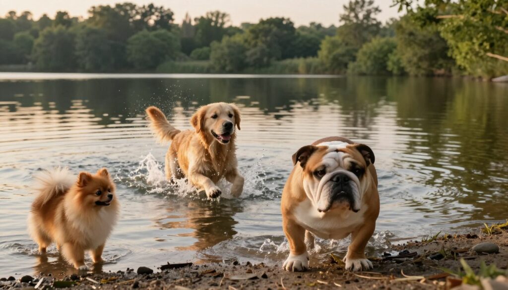 A serene lakeside scene featuring various dog breeds that may struggle with swimming. In the foreground, a stern-looking bulldog with a stocky build cautiously approaches the water's edge, while a small, fluffy Pomeranian stands back on the shore, observing. In the middle ground, a golden retriever splashes playfully in the shallows, showcasing a contrast between a natural swimmer and those that need supervision. The background features lush green trees reflecting in the calm waters of the lake under a soft, golden sunset. The lighting casts a warm glow, creating an inviting yet cautionary atmosphere. The image captures the essence of care for these specific breeds around water, emphasizing their distinct body structures and temperaments.