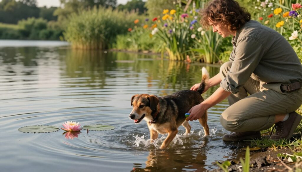 A serene outdoor scene illustrating a gentle introduction of a dog to water. In the foreground, a cheerful, medium-sized dog with a shiny coat is cautiously stepping into a shallow, calm lake while a person kneels beside it, encouragingly holding a toy. The individual is dressed in casual outdoor clothing, radiating a sense of patience and nurturing. In the middle ground, ripples spread in the water, and a few colorful water lilies can be seen. In the background, lush greenery and colorful wildflowers frame the scene, creating a tranquil atmosphere. Soft, warm lighting indicates a late afternoon sun, casting a golden glow and highlighting the bond between the person and the dog, emphasizing feelings of safety and positivity. The angle is eye-level, focusing on the interaction between the dog and the human.