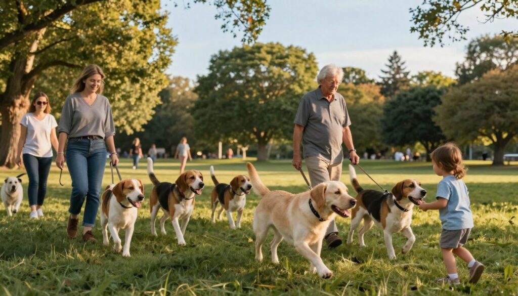 A serene park scene during the golden hour, capturing a diverse group of dogs of various breeds walking with their owners. In the foreground, a playful Labrador Retriever interacts with a small child, showcasing vibrant energy and friendliness. The middle ground features an elderly couple walking a calm Beagle, emphasizing the breed's relaxed nature. In the background, lush trees and soft grass create a tranquil atmosphere, with a clear blue sky and warm sunlight filtering through the leaves. The image should convey a sense of harmony and connection between the dogs and their owners, highlighting the impact of breed on walking habits and lifestyle. Use a slight depth of field to keep the focus on the subjects, with soft, natural lighting enhancing the warm, inviting mood of the scene.