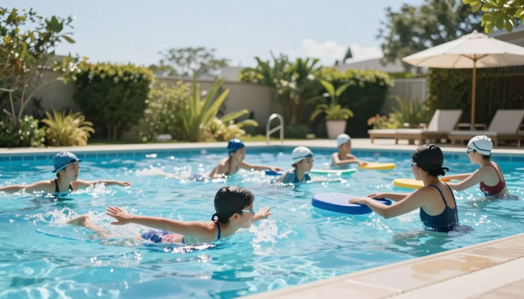 A serene pool environment during a bright sunny day. In the foreground, a diverse group of individuals, dressed in modest swim attire, are practicing swimming techniques. One person hovers near the pool's edge, demonstrating a float, while others follow closely, observing and mimicking the movements. In the middle ground, floating pool equipment like kickboards and noodles are scattered around, indicative of a training session. The background features lush greenery and clear blue skies, enhancing the sense of tranquility and focus. Soft sunlight filters through, creating glimmers on the water’s surface, emphasizing the lively yet calm atmosphere of this swimming lesson. The scene conveys determination and teamwork, ideal for illustrating the concept of learning to swim quickly.