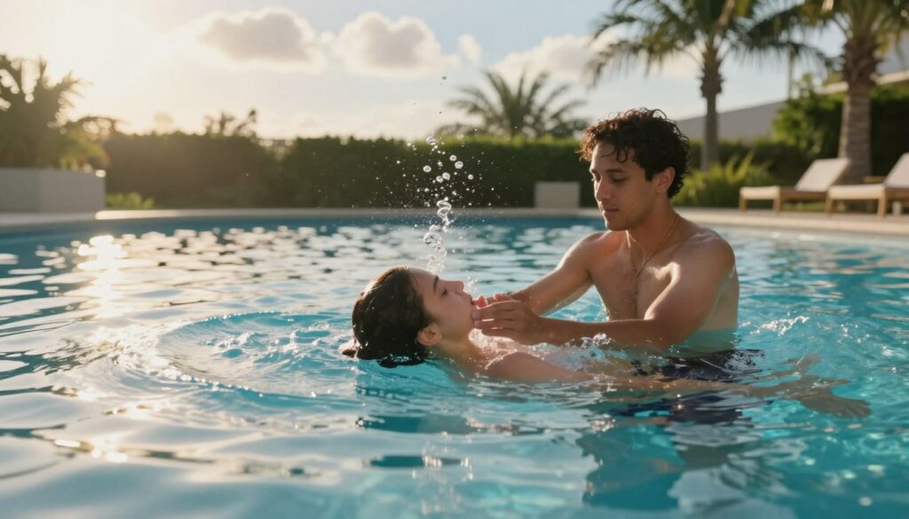 A serene swimming pool scene showcasing two individuals in modest casual clothing, focusing on water acclimatization. In the foreground, one person is gently submerging their head underwater while exhaling, demonstrating breath control, with bubbles rising around them. The other individual, positioned slightly behind, offers support and encouragement. The middle ground features the glistening water surface reflecting soft sunlight, creating a tranquil and inviting atmosphere. In the background, lush greenery and palm trees frame the pool, enhancing the calm ambiance. The lighting is warm and inviting, with a bright blue sky peeking through scattered clouds. The image conveys a sense of safety, exploration, and overcoming fear, capturing the essence of embracing water.
