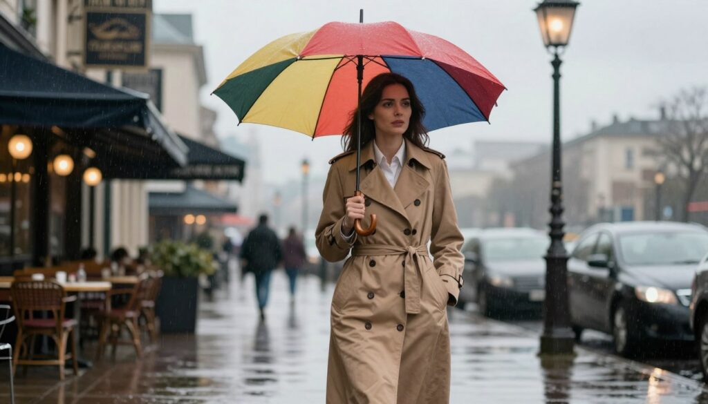A stylish woman walking through a light rain in an urban setting, dressed in an elegant trench coat and holding a vibrant umbrella. She has a thoughtful expression, with emotions reflecting humor and introspection. In the foreground, raindrops glisten on the pavement, creating a sense of movement and life. The middle ground features blurred outlines of cozy cafés and softly lit street lamps, hinting at places to escape the weather. In the background, a muted skyline under a cloudy sky adds a touch of romanticism. The mood is contemplative yet uplifting, capturing the beauty of a rainy day. Soft daylight filters through the clouds, casting a gentle glow on the scene, emphasizing the emotional depth of the moment.