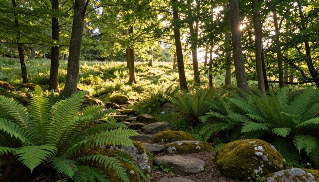 A tranquil forest scene during the golden hour, capturing the essence of a healthy outdoor experience. In the foreground, a serene path lined with soft, moss-covered rocks and vibrant green ferns. Mid-ground features tall, slender trees with sun-dappled leaves creating a dance of light and shadow. In the background, a gentle slope leads to a picturesque grove, where sunbeams filter through branches, illuminating a carpet of wildflowers. The atmosphere is peaceful and rejuvenating, inviting viewers to feel the benefits of nature. The lighting is warm and soft, creating a calming effect. Focus on a wide-angle perspective that emphasizes depth, allowing the viewer to feel as if they are stepping into this serene woodland haven.
