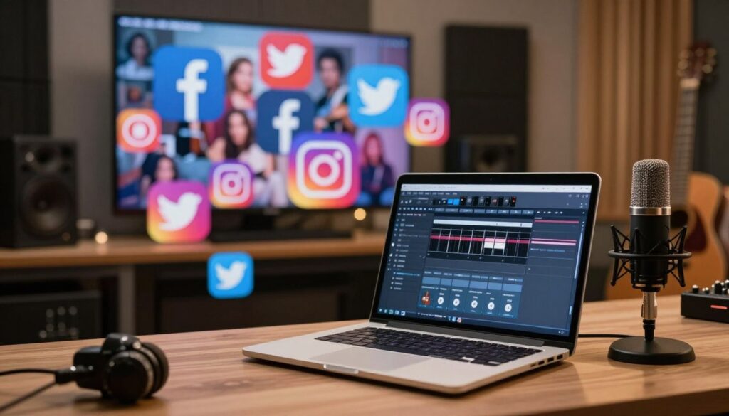 A vibrant, dynamic composition depicting social media icons such as Facebook, Instagram, and Twitter woven together with images of a music studio in the background. In the foreground, a modern laptop sits open, displaying a music software interface, while a stylish microphone stands next to it, suggesting creativity and collaboration. Soft, ambient lighting creates a warm, inviting atmosphere, with subtle bokeh effects in the background to represent a busy digital world. The overall mood is one of inspiration and connectivity, reflecting the life of an artist engaged with her audience through social media. Capture the texture of the studio environment, featuring soundproof panels and musical instruments, while maintaining a clean and professional aesthetic.
