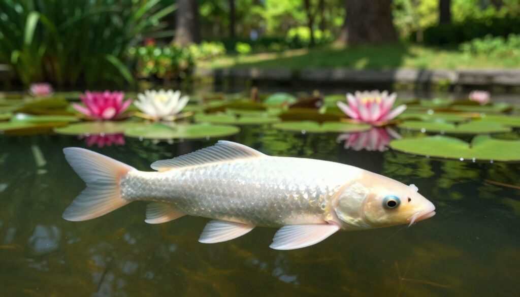A beautiful white Rawa fish swimming gracefully in a serene pond surrounded by lush greenery. In the foreground, the fish's glimmering scales catch the light, creating a mesmerizing effect. In the middle ground, vibrant water lilies float gently on the surface, adding splashes of color. The background features a tranquil wooded area with soft, dappled sunlight filtering through the leaves, casting gentle shadows. The atmosphere is peaceful and harmonious, evoking a sense of calmness. The scene is captured in a soft focus, reminiscent of a serene nature documentary. The image should emphasize natural beauty, highlighting the elegant movement of the fish in its tranquil habitat.