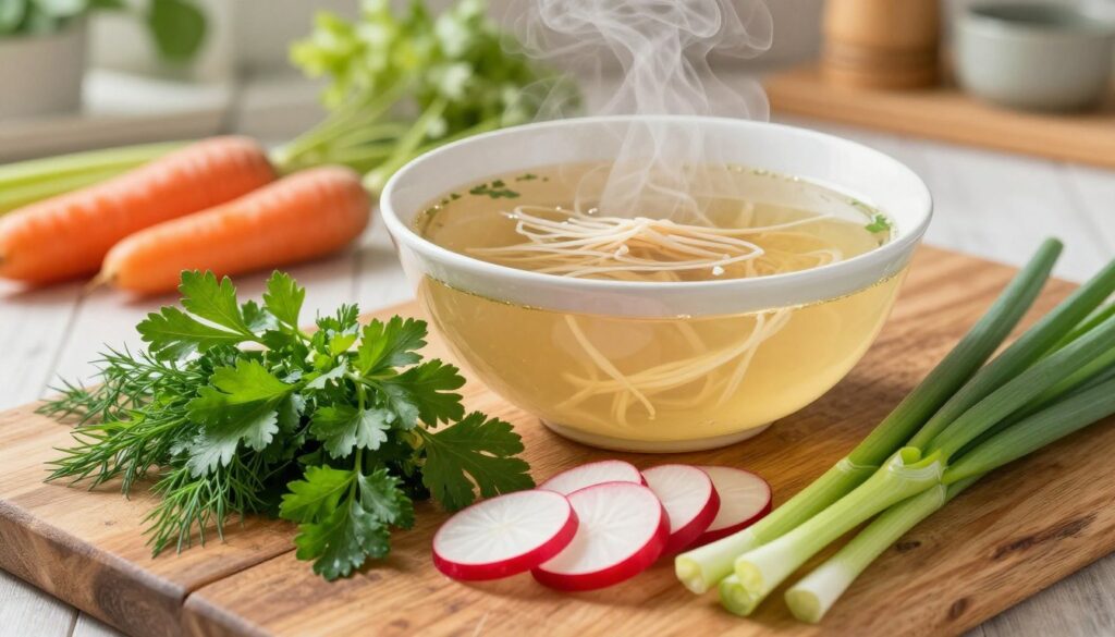 A beautifully arranged assortment of healthy garnishes for a bowl of clear chicken broth. In the foreground, showcase vibrant, freshly chopped herbs such as parsley and dill, alongside thinly sliced radishes and green onions, all placed on a rustic wooden table. In the middle ground, a steaming bowl of broth, with some noodle strands, elegantly displays the light golden color of the soup. The background features a soft-focus kitchen scene with natural light streaming in, highlighting fresh vegetables like carrots and celery, creating a warm, inviting atmosphere. Use a slight overhead angle to capture the entire arrangement, ensuring a clear view of the garnishes alongside the broth, evoking a sense of health and wellness.