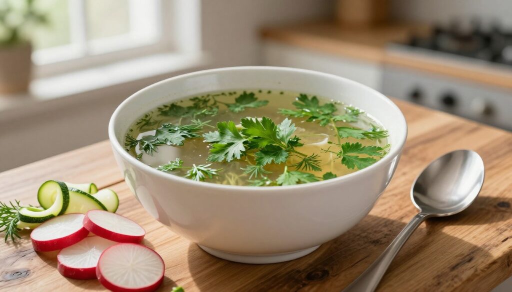 A beautifully arranged bowl of Keto rosół, with a rich, clear broth showcasing vibrant green herbs like parsley and dill floating on top. In the foreground, feature fresh vegetables such as sliced radishes and zucchini spirals that hint at a low-carb diet. The middle ground presents the bowl on a rustic wooden table with a shiny silver spoon beside it, all against a softly blurred background of a cozy kitchen setting, illuminated by warm, natural light streaming through a nearby window. The atmosphere is inviting and hearty, evoking a sense of comfort and nourishment, perfect for a ketogenic lifestyle. The image captures an enticing, gourmet look while maintaining a healthy essence, ideal for illustrating culinary creativity in dietary adherence.