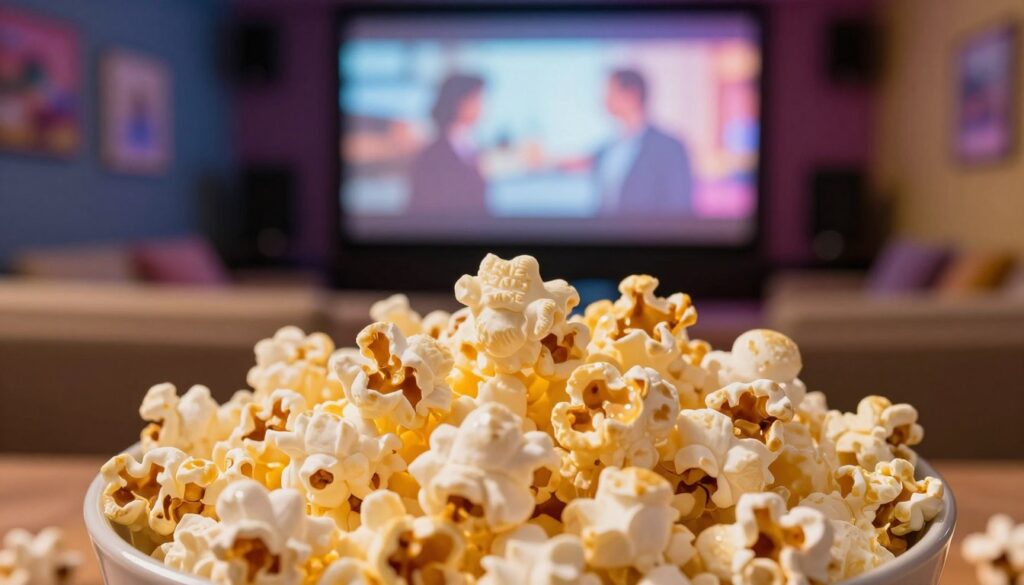 A beautifully arranged bowl of light, fluffy popcorn sits prominently in the foreground, showcasing its golden-yellow hue. Each kernel is perfectly popped, some slightly buttered, glistening against soft overhead warm lighting that creates a cozy, inviting atmosphere. In the middle ground, a stylish and colorful home theater setting with a comfortable couch and dimly lit ambient lights enhances the movie-watching vibe. The background features a blurred view of a large screen showing a classic film scene, invoking a sense of nostalgia and enjoyment. The scene captures a moment of indulgence while promoting a mindful approach to portion control. Overall, the image conveys a warm, fun, and relaxed mood perfect for a movie night at home.