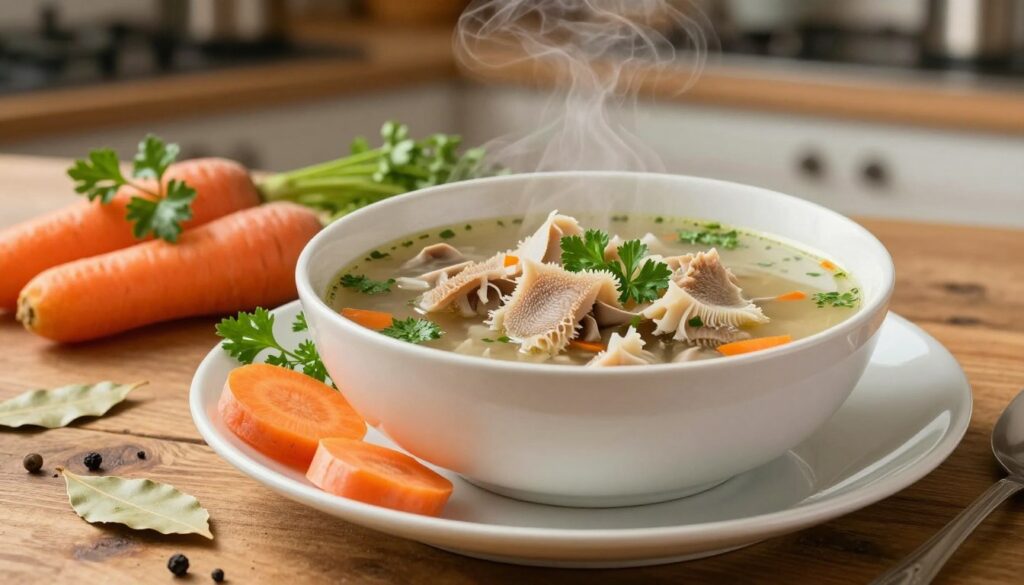 A beautifully arranged plate featuring a steaming bowl of traditional flaki soup, showcasing tender pieces of tripe and rich broth. In the foreground, the vibrant colors of fresh vegetables, like carrots and parsley, add a pop of freshness. In the middle, a rustic wooden table complements the dish, scattered with spices such as black pepper and bay leaves, emphasizing the hearty ingredients. The background features a softly lit kitchen setting with warm tones, hinting at a cozy atmosphere that invites comfort food enjoyment. The lighting is warm and inviting, casting gentle shadows. The image captures a wholesome, nutritious vibe, reflecting the concepts of protein richness and low carbohydrate content associated with flaki and their satiety.