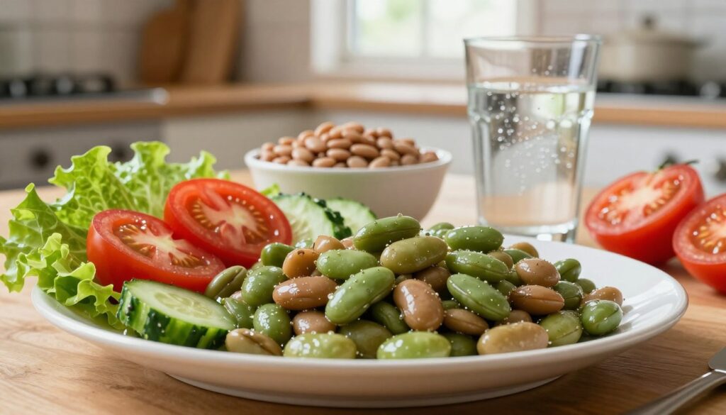 A beautifully arranged plate of cooked beans in vibrant shades of green and brown, signaling the feeling of fullness and satiety, is positioned in the foreground. Beside it, fresh vegetables like crisp lettuce, ripe tomatoes, and crunchy cucumbers add color and healthiness to the scene. In the middle ground, a bowl filled with fiber-rich legumes is paired with a glass of water that has gentle bubbles, suggesting digestion. The background features a warm kitchen environment with soft natural light streaming through a window, creating an inviting and wholesome atmosphere. The entire composition conveys nourishment, health, and balance, evoking a sense of wellness and satisfaction. A slight depth of field draws attention to the plate, while the overall mood is uplifting and encouraging.