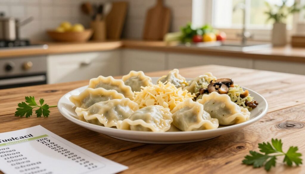 A beautifully arranged plate of pierogi, showcasing a variety of fillings such as potato and cheese, sauerkraut, and mushroom, artfully placed on a rustic wooden table. In the foreground, a nutritional chart subtly hints at the calorie content, with numbers in soft focus, emphasizing the theme of dietary awareness without overt display. The middle ground features a warm, inviting kitchen setting, with soft, golden lighting filtering through a window, casting gentle shadows. A sprig of parsley is artistically placed beside the pierogi for a pop of color. The background includes blurred shelves filled with cookbooks and fresh ingredients, creating a homey atmosphere. The overall mood is cozy and balanced, reflecting a healthy approach to traditional food.