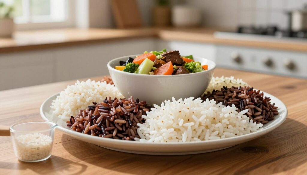 A beautifully arranged plate of rice displaying portion sizes of white, brown, and jasmine rice, each distinct in color and texture. The foreground features a wooden table with a measuring cup beside the rice, emphasizing portion control. In the middle, an elegant bowl cradles a balanced meal including vegetables and protein, enhancing the theme of healthy eating. The background includes a softly blurred kitchen setting, with natural light streaming through a window, casting gentle shadows that create an inviting atmosphere. The use of a shallow depth of field focuses on the rice and bowl, while warm, earthy tones evoke a sense of comfort and wellness.