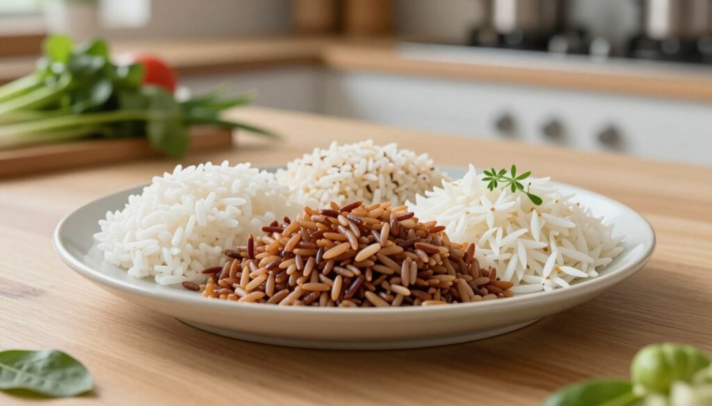 A beautifully arranged plate of three types of rice – white, brown, and jasmine – is set on a light wooden table. Each variety is distinct: the fluffy white rice gleams under soft natural light, the brown rice showcases its nutty texture, and the fragrant jasmine rice is adorned with a few delicate green herbs for contrast. In the background, a calming kitchen scene includes fresh vegetables and herbs, subtly suggesting a healthy diet. The soft lighting creates a warm and inviting atmosphere, enhancing the colors of the rice. The camera angle is slightly elevated, focusing on the rice while allowing the background to softly blur, creating a sense of depth and warmth, evoking inspiration for healthy eating choices.
