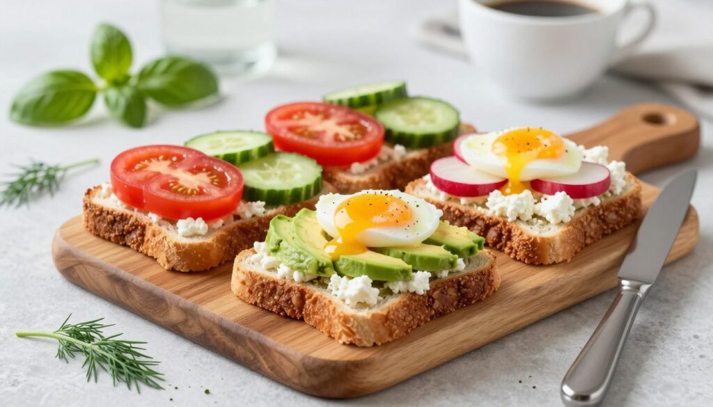 A beautifully arranged platter of healthy toast toppings, featuring protein-rich ingredients like sliced avocados, poached eggs, and cottage cheese, accompanied by vibrant vegetables such as tomatoes, cucumber, and radishes. Each toast sits atop a rustic wooden cutting board, with a simple ceramic knife beside. In the background, a softly blurred table setting with natural lighting enhances the fresh atmosphere. A few herbs like basil and dill are sprinkled artistically around the plate, adding a touch of color. The scene conveys a bright, airy feeling, evoking a sense of health and wellness, perfect for a diet-focused meal. The overall composition is well-lit with a focus on the vivid colors of the toppings, showcasing a harmonious balance of nutrition and flavor.