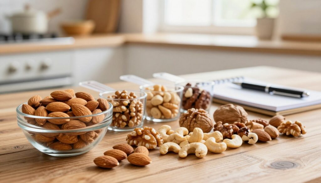 A beautifully arranged portion of assorted nuts displayed on a rustic wooden table. The foreground features a clear glass bowl filled with almonds, walnuts, and cashews, showing the textures and colors vividly. In the middle, there are measuring cups with the nuts weighed out to emphasize portion control, alongside a small notepad and a pen, suggesting planning and mindfulness. The background features a softly blurred kitchen setting with warm, natural light streaming through a window, creating a cozy atmosphere. The scene conveys a sense of health and balance, highlighting the importance of moderation in snacking with nuts. Ensure the image is clean and professional, with no distractions.