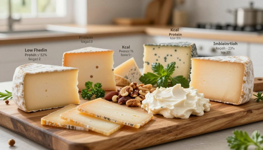 A beautifully arranged selection of various cheeses displayed on a rustic wooden board, highlighting their nutritional profiles. The foreground features slices of low-fat cheese and a rich, creamy spread, with nutrition facts like kcal, protein, and fat content artistically laid out next to each piece. The middle ground shows vibrant garnishes such as fresh herbs and nuts to add color and texture. The background includes a soft-focus kitchen setting with natural light streaming in, creating a warm, inviting atmosphere. Use a shallow depth of field to emphasize the cheese while giving a sense of homely comfort. The overall mood is healthy, appetizing, and informative, perfect for an educational context.