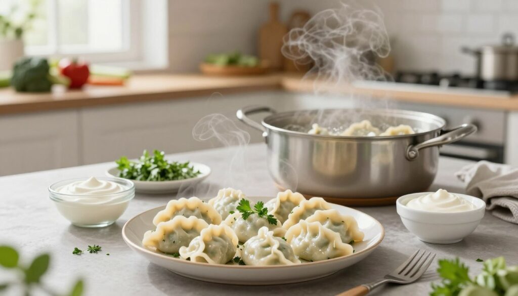 A beautifully arranged table showcasing delicious dumplings. In the foreground, a steaming plate of pierogi is elegantly presented, garnished with fresh herbs and accompanied by a small bowl of light sour cream. The middle ground features a pot with dumplings being cooked, subtly bubbling, emphasizing the healthy cooking method of boiling and steaming. In the background, a modern kitchen setup with fresh vegetables and herbs provides a homey atmosphere. Soft, diffused lighting from a nearby window creates a warm and inviting environment. The angle is slightly elevated, focusing on both the culinary delights and the homey kitchen ambiance, evoking a sense of comfort and health-conscious dining.