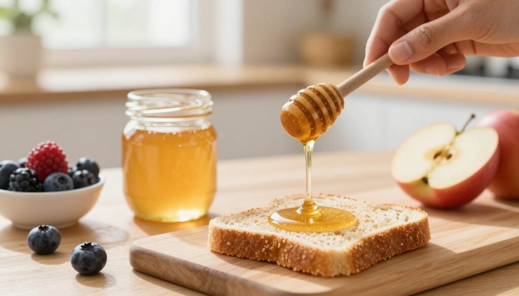 A beautifully arranged wooden table featuring a jar of golden honey, a honey dipper, and a small bowl filled with fresh fruits such as berries and sliced apples to illustrate a healthy diet. In the foreground, a hand gently drizzles honey from the dipper onto a small slice of whole-grain toast. The background is softly blurred, depicting a bright kitchen environment with sunlight streaming through a window, creating a warm and inviting atmosphere. The overall mood is serene, promoting the idea of enjoying honey in moderation as part of a healthy diet. Use a warm color palette with natural lighting to enhance the inviting feel, and maintain a close-up perspective to emphasize the textures of the honey and fruits.