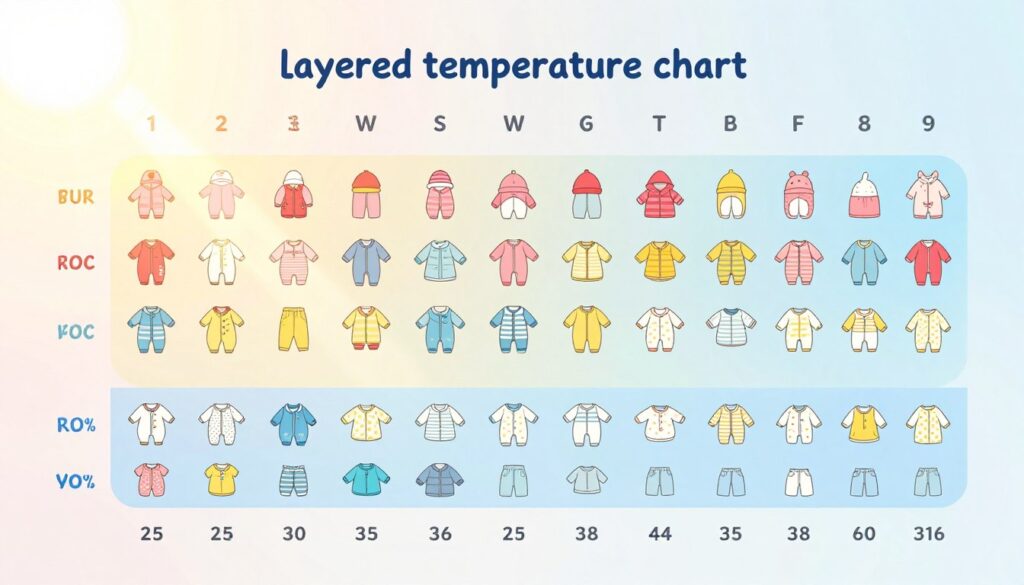 A beautifully illustrated "layered temperature chart" designed for dressing infants, featuring a clear, organized layout. In the foreground, the chart displays distinct layers labeled with different temperature ranges—each layer illustrated with clothing items like snowsuits, hats, and light jackets, color-coded for easy reference. In the middle, a soft pastel background fades from sunny yellow to cool blue, symbolizing temperature variation. Gentle sunlight streams from one corner, casting a warm glow over the layers, creating an inviting atmosphere. The chart is visually appealing and easy to read, aimed at parents preparing for stroller walks in varying weather conditions. The image is professional, clean, and free from any text or markings.