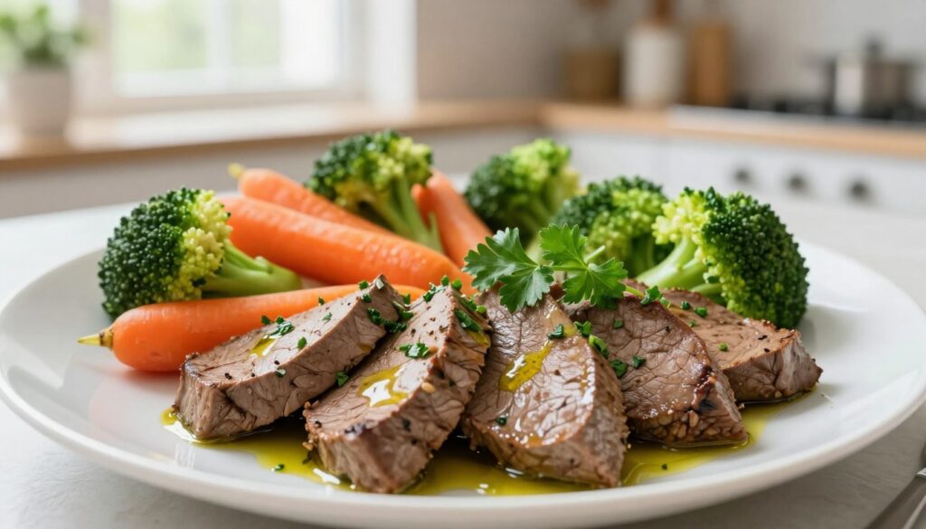 A beautifully plated dish of healthy liver, prepared in a diet-friendly style. In the foreground, focus on the vibrant, perfectly cooked slices of liver, garnished with fresh herbs like parsley and a light drizzle of olive oil. The middle ground presents a colorful medley of accompanying vegetables, such as steamed carrots and broccoli, arranged artistically around the liver. In the background, a bright, airy kitchen setting with soft, natural light streaming in through a window, creating an inviting atmosphere. Use a shallow depth of field to highlight the dish while softly blurring the background. Capture the essence of health and culinary art, with an emphasis on freshness and flavor.