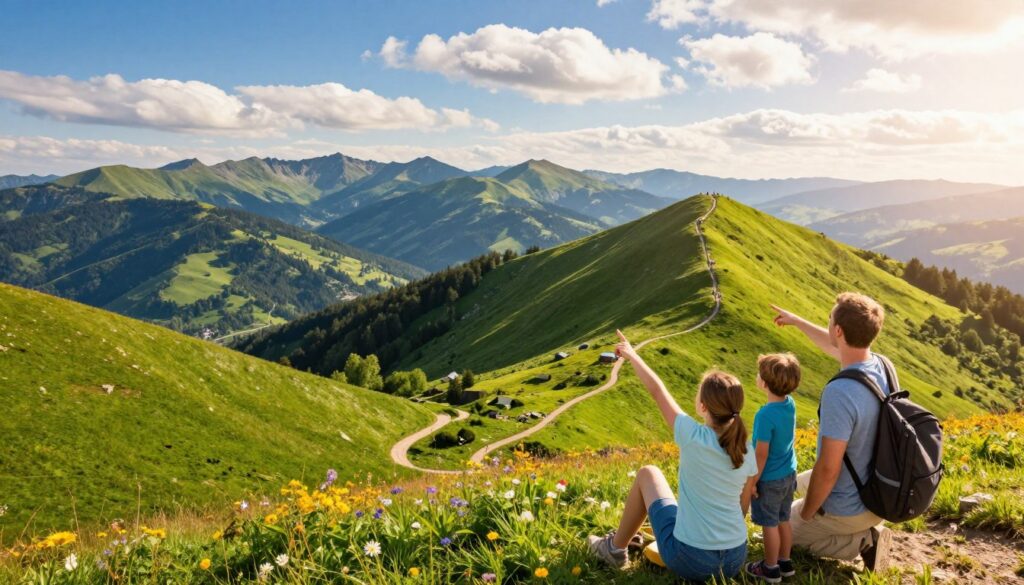 A breathtaking panoramic view of the Kłodzka Valley from a mountain peak, showcasing lush green hills and winding trails. In the foreground, a family with modest casual clothing enjoys the view, pointing and smiling as they admire the scenery. In the middle ground, you can see vibrant wildflowers dotting the grassy slopes, as well as a winding path leading to the summit. In the background, majestic mountains rise under a brilliant blue sky, dotted with fluffy white clouds, creating a sense of height and openness. The lighting is warm and soft, indicative of a late afternoon sun, adding a golden glow to the landscape. The atmosphere feels uplifting and serene, perfect for a family outing in nature.