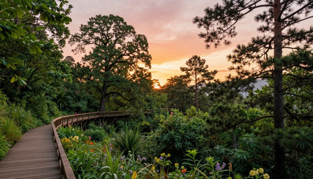 A breathtaking view of a treetop walk in a lush green forest, showcasing the "crowns of trees" at sunset. The foreground features a wooden walkway winding through the treetops, lined with vibrant foliage and wildflowers. In the middle ground, diverse trees such as oaks and pines rise majestically, their leaves illuminated by the warm golden light of the setting sun. In the background, a soft focus reveals a sky painted with hues of orange and pink, creating a serene atmosphere. The perspective should be from slightly above the walkway, capturing a panoramic view of the treetops. The scene evokes a sense of tranquility and wonder, inviting viewers to imagine a peaceful stroll among the clouds.