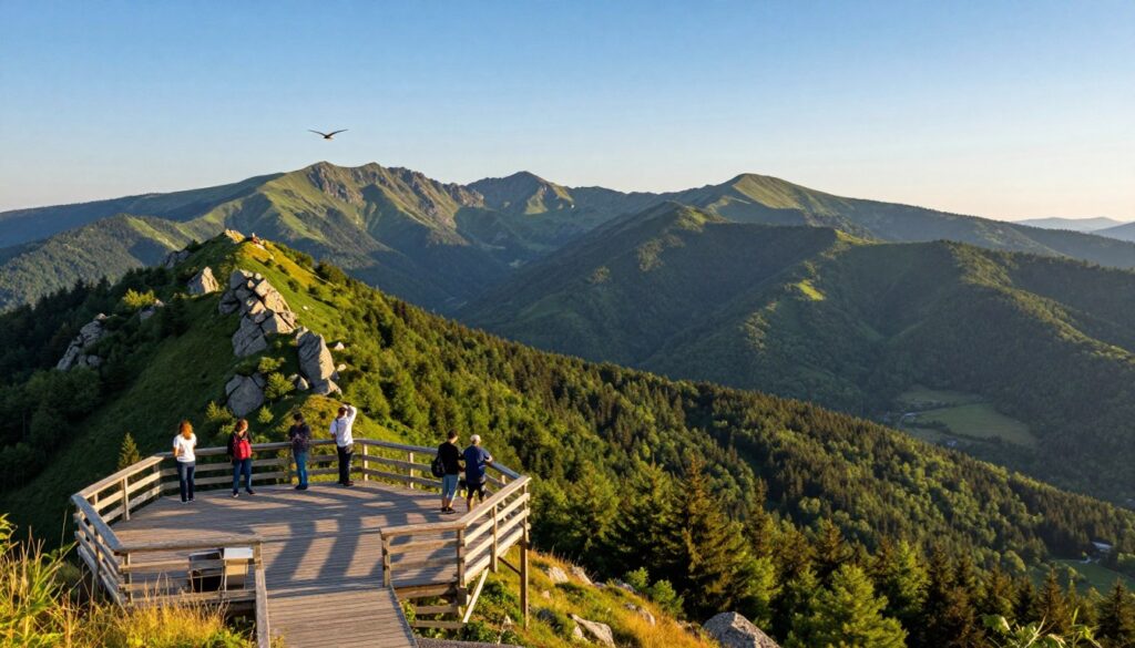 A breathtaking view of the Pieniny mountains, showcasing scenic lookout points. In the foreground, a wooden observation deck with visitors in modest, casual clothing, enjoying the landscape. The middle ground features rolling hills covered with lush green forests and scattered rocky outcrops. In the background, dramatic peaks rise against a clear blue sky, illuminated by warm, golden sunlight, creating a serene and inviting atmosphere. The scene captures the essence of adventure and tranquility, with birds soaring overhead and distant valleys stretching into the horizon. The image should evoke a sense of exploration and highlight the natural beauty of the Pieniny region.