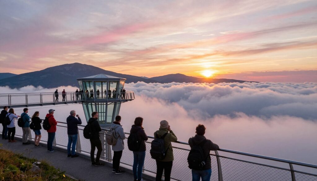 A breathtaking view of the Sky Walk in Szklarska Poręba, showcasing a modern glass and metal structure suspended amidst fluffy white clouds. In the foreground, a group of diverse individuals in casual outdoor attire admire the panoramic scenery, capturing the essence of awe and human connection to nature. The middle ground features the intricate details of the Sky Walk’s design, including railings and viewing platforms, with silhouettes of nearby mountains. In the background, a vibrant sunset casts a warm golden and pink glow across the sky while soft shadows stretch over the landscape, creating a serene atmosphere. Shot from a slightly elevated perspective, this image beautifully embodies adventure, exploration, and the magic of twilight. A breathtaking view of the Sky Walk in Szklarska Poręba, showcasing a modern glass and metal structure suspended amidst fluffy white clouds. In the foreground, a group of diverse individuals in casual outdoor attire admire the panoramic scenery, capturing the essence of awe and human connection to nature. The middle ground features the intricate details of the Sky Walk’s design, including railings and viewing platforms, with silhouettes of nearby mountains. In the background, a vibrant sunset casts a warm golden and pink glow across the sky while soft shadows stretch over the landscape, creating a serene atmosphere. Shot from a slightly elevated perspective, this image beautifully embodies adventure, exploration, and the magic of twilight.