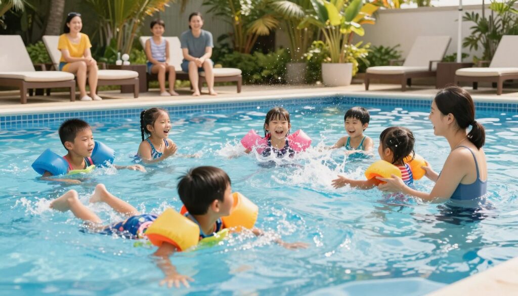 A bright, sunlit swimming pool scene featuring a diverse group of children aged 4 to 8 years, joyfully playing and learning to swim with the guidance of a caring adult instructor. In the foreground, a child is practicing floating, while another is attempting to kick their legs, both wearing colorful floating devices. The middle ground showcases excited children splashing water, laughter evident on their faces. The background reveals parents watching with a smile, surrounded by tropical plants and poolside lounge chairs. The natural lighting conveys a warm, inviting atmosphere, highlighting the joy and fun of learning to swim safely. Use a wide-angle view to capture the entire scene, creating a sense of community and safety.