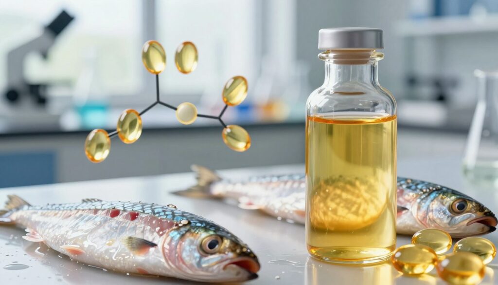 A close-up, detailed illustration of omega-3 fatty acids derived from herring in a laboratory setting. The foreground features a vibrant, clear glass vial containing a golden liquid representing omega-3 oil, surrounded by fresh herring fillets, glistening with moisture. In the middle, a molecular structure diagram of omega-3 fatty acids can be seen, with a soft-focus background showing a blurred laboratory environment filled with scientific equipment and natural light filtering through a window. The scene should convey a sense of health and vitality, emphasizing the nutritional benefits of omega-3. The lighting is bright and inviting, with a clear focus on the omega-3 oil, creating an impression of freshness and scientific discovery.