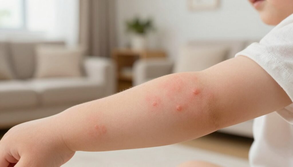 A close-up illustration of a child's arm displaying a distinct rash characteristic of "trzydniówka" (roseola) with a soft pink hue and small, raised spots scattered evenly across the skin. The foreground features the arm prominently, showcasing the texture of the skin and the unique presentation of the rash. In the middle, a soothing, blurred background of a cozy living room environment is visible, hinting at a safe and comforting space. Soft, natural lighting filters in through a window, creating a warm atmosphere that emphasizes the gentle concern of a parent observing their child. The mood is calm and educational, aiming to convey information about the appearance and significance of rashes in childhood illnesses.