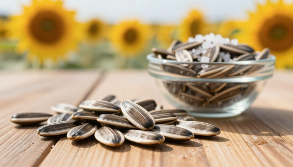 A close-up image of sunflower seeds, showcasing their unique shapes and textures. In the foreground, a handful of raw, unshelled sunflower seeds with their light brown, oval forms glisten softly under natural light, emphasizing their nutritional appeal. In the middle ground, a small glass bowl filled with salted sunflower seeds sits on a rustic wooden table, inviting the viewer to contemplate their dietary benefits. The background features a blurred field of sunflowers basking in warm sunlight, enhancing the organic feel of the scene. The overall atmosphere conveys a sense of health and vitality, perfect for illustrating the topic of calories and nutrients in sunflower seeds. Use soft, diffused lighting to create a warm and inviting mood. A close-up image of sunflower seeds, showcasing their unique shapes and textures. In the foreground, a handful of raw, unshelled sunflower seeds with their light brown, oval forms glisten softly under natural light, emphasizing their nutritional appeal. In the middle ground, a small glass bowl filled with salted sunflower seeds sits on a rustic wooden table, inviting the viewer to contemplate their dietary benefits. The background features a blurred field of sunflowers basking in warm sunlight, enhancing the organic feel of the scene. The overall atmosphere conveys a sense of health and vitality, perfect for illustrating the topic of calories and nutrients in sunflower seeds. Use soft, diffused lighting to create a warm and inviting mood.