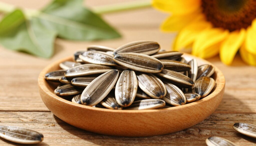 A close-up of a portion of sunflower seeds, displayed in an elegant wooden bowl on a rustic wooden table. The seeds should be glistening in natural light, highlighting their rich, golden-brown textures and subtle sheen. In the background, softly blurred, a sprig of green leaves and a few sunflower flowers add a pop of color, creating a balanced composition that symbolizes nutrition. The lighting is warm and inviting, casting gentle shadows that accentuate the contours of the seeds. The scene conveys a wholesome and healthy lifestyle, ideal for a discussion about balancing micronutrients and calories in one's diet. The angle of the shot should be slightly above the bowl, focusing on the seeds while allowing the background elements to complement the overall aesthetic. A close-up of a portion of sunflower seeds, displayed in an elegant wooden bowl on a rustic wooden table. The seeds should be glistening in natural light, highlighting their rich, golden-brown textures and subtle sheen. In the background, softly blurred, a sprig of green leaves and a few sunflower flowers add a pop of color, creating a balanced composition that symbolizes nutrition. The lighting is warm and inviting, casting gentle shadows that accentuate the contours of the seeds. The scene conveys a wholesome and healthy lifestyle, ideal for a discussion about balancing micronutrients and calories in one's diet. The angle of the shot should be slightly above the bowl, focusing on the seeds while allowing the background elements to complement the overall aesthetic.