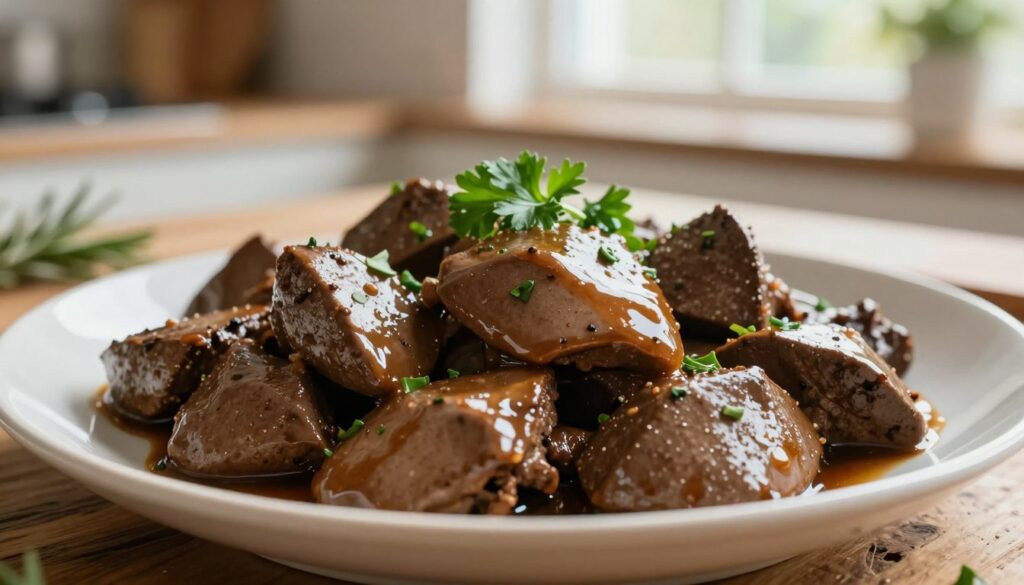 A close-up view of a beautifully cooked plate of chicken liver, glistening with a rich brown glaze, garnished with fresh herbs like parsley and rosemary. The liver pieces should be tender and juicy, showcasing their unique texture and color variations. In the background, a softly blurred kitchen setting creates a warm, inviting atmosphere, illuminated by natural light filtering through a window. A rustic wooden table adds a touch of authenticity, enhancing the home-cooked feel. The focus should be on the meal, emphasizing its nutritional appeal, with a shallow depth of field to draw attention to the liver while keeping the background soft and unobtrusive.
