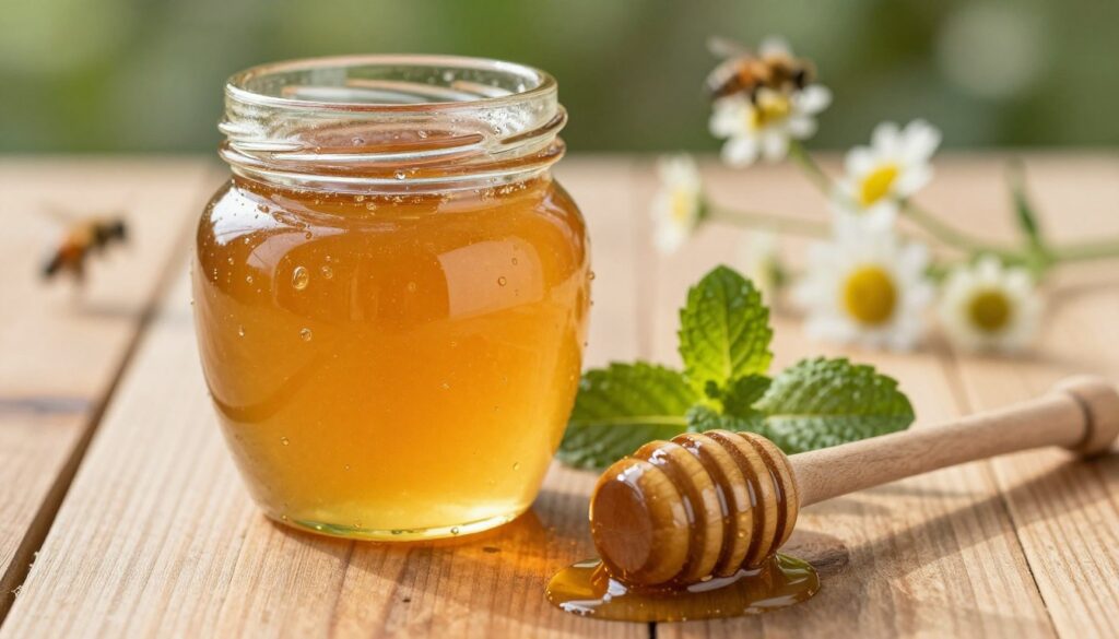 A close-up view of a honey jar filled with golden, viscous honey, resting on a wooden table. The honey glistens in natural sunlight, showcasing its rich texture and inviting color. In the foreground, a wooden honey dipper lies next to the jar, with a few drips of honey hanging off the end. In the middle ground, a sprig of fresh mint adds a touch of green, offering a contrast to the honey's warm tones. In the background, defocused wildflowers and bees evoke a sense of nature and purity. The lighting is soft and warm, creating a cozy atmosphere that highlights the honey's organic qualities. The overall mood is wholesome, emphasizing the natural and nutritious aspects of honey in the diet.