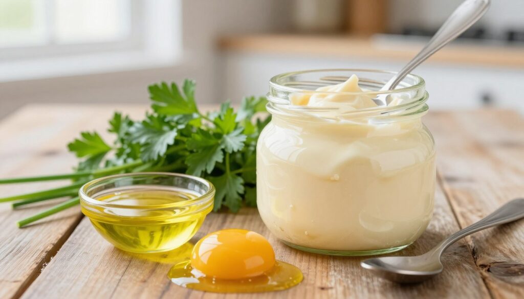 A close-up view of a jar of mayonnaise open on a rustic wooden table, with a spoon resting beside it, partially dipped in the creamy substance. The foreground features fresh ingredients that typically compose mayonnaise: bright yellow egg yolks, a small bowl of Dijon mustard, and a drizzle of olive oil. In the middle, an assortment of herbs like parsley and chives are elegantly arranged, adding a touch of green. The background is softly blurred, hinting at a kitchen atmosphere with subtle hints of light shining through a nearby window, creating a warm and inviting ambiance. The lighting is bright but soft, emphasizing the textures and colors of the ingredients, inviting viewers to explore the content related to health and diet.