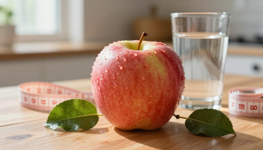 A close-up view of a vibrant, juicy apple resting on a wooden table, glistening with dew and surrounded by green leaves to emphasize freshness. In the background, a blurred kitchen scene with natural light streaming through a window, casting soft shadows. Show a glass of water beside the apple, symbolizing hydration, and a measuring tape coiled subtly nearby to suggest dietary considerations. The atmosphere should feel warm and inviting, evoking a sense of satisfaction and health. Capture the essence of fullness and nourishment, highlighting the role of fiber and water in achieving satiety. Use a warm color palette with soft lighting to enhance the sense of comfort.