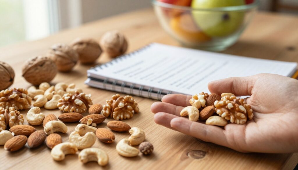 A close-up view of a wooden table filled with various nuts, including almonds, walnuts, and cashews, arranged artfully to showcase their textures and colors. In the foreground, a hand gently reaches for a handful of nuts, emphasizing the portion size aspect of a healthy diet. The middle layer features a partially opened notebook with notes on healthy eating habits and portion control, while a blurred, colorful fruit bowl is in the background, enhancing the theme of balanced nutrition. Soft, natural lighting filters in from the left, creating an inviting and warm atmosphere. The angle is slightly tilted, adding a dynamic feel to the composition while keeping the focus on the nuts and the notebook.