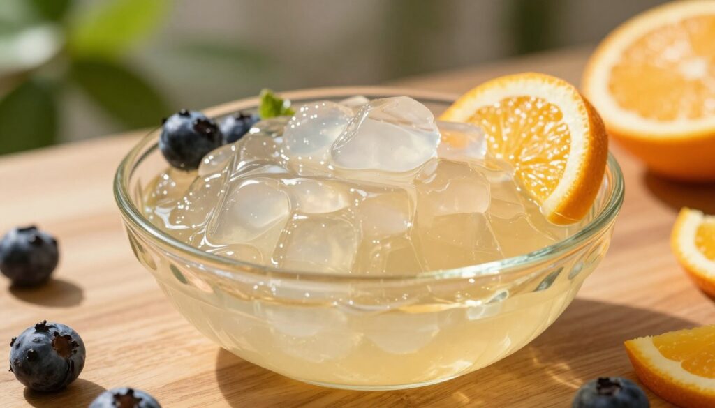 A close-up view of translucent, shimmering gelatin in a decorative glass bowl, set on a wooden table. The gelatin, glistening with light reflections, is surrounded by fresh fruit like berries and citrus slices, emphasizing a healthy dessert appeal. In the background, softly blurred greenery hints at a light and breezy atmosphere, connoting freshness and vitality. The lighting is warm and inviting, with golden hour sunlight casting gentle shadows, enhancing the jelly's texture. The scene conveys a sense of indulgence balanced with health, encouraging a feeling of lightness and enjoyment while subtly addressing nutritional awareness. Avoid any figures or texts, focusing solely on the vibrant, appealing dessert.