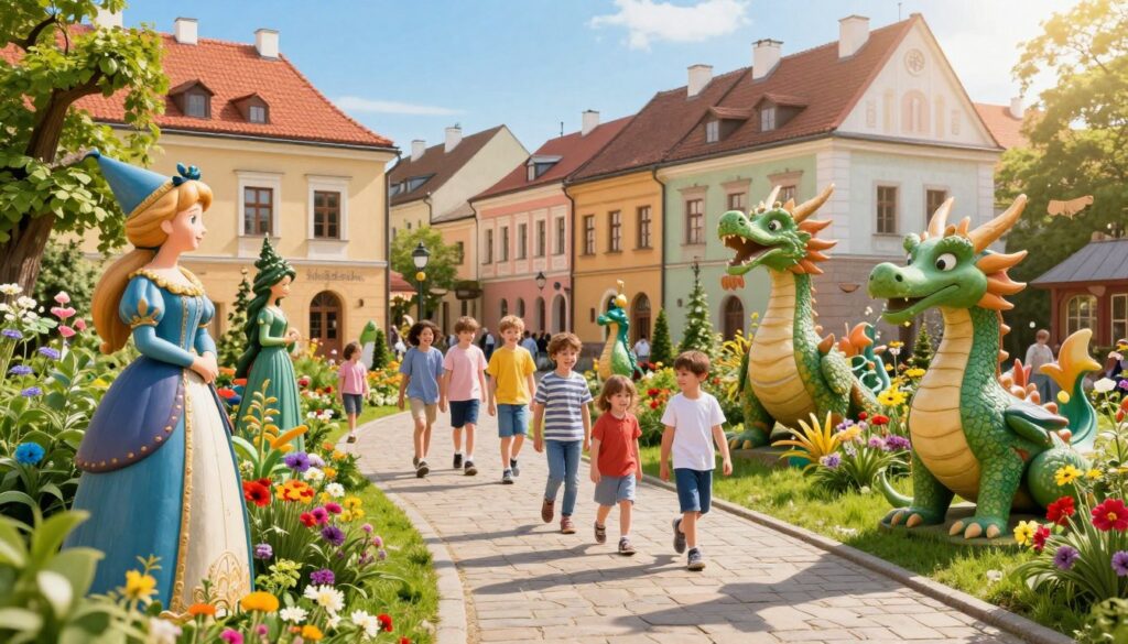 A colorful and enchanting scene depicting "Szlak Bajkowy" in the heart of Łódź, showcasing whimsical elements from fairy tales and films. In the foreground, a vibrant pathway lined with intricately designed fairy tale sculptures, like a fairy godmother and a friendly dragon, inviting visitors to explore. In the middle ground, children and families casually strolling along the path, dressed in modest, casual clothing, with smiles on their faces. Lush greenery and blooming flowers surround the pathway, enhancing the inviting atmosphere. In the background, charming, pastel-colored buildings reminiscent of classic fairytale settings, under a clear blue sky with soft sunlight streaming down, creating a warm and magical ambiance. The composition captures a sense of wonder and joy, perfect for a delightful outdoor outing.